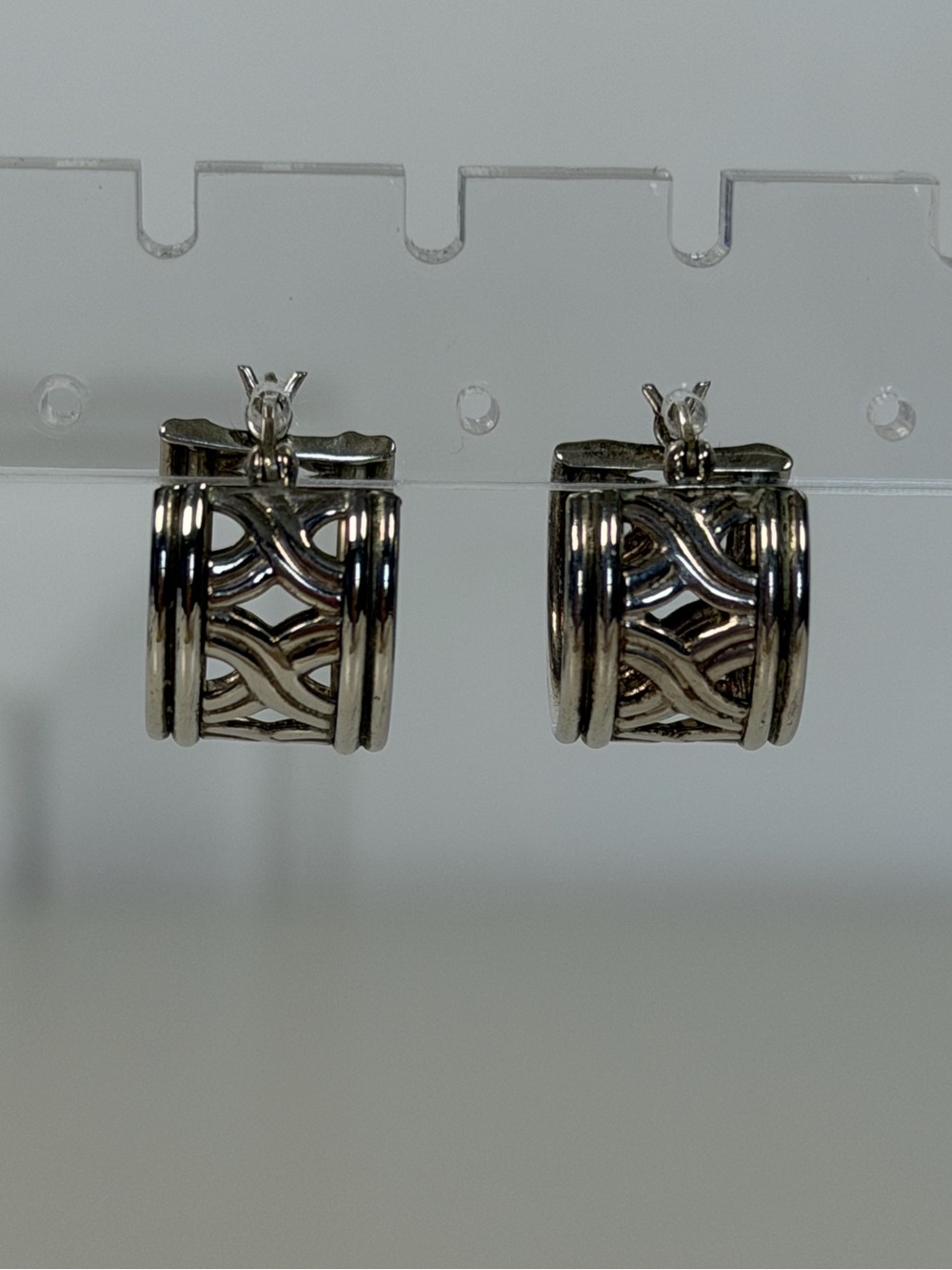 Vintage Sterling Silver 925 Open Work Woven Criss Cross X Pierced Hoop Earrings